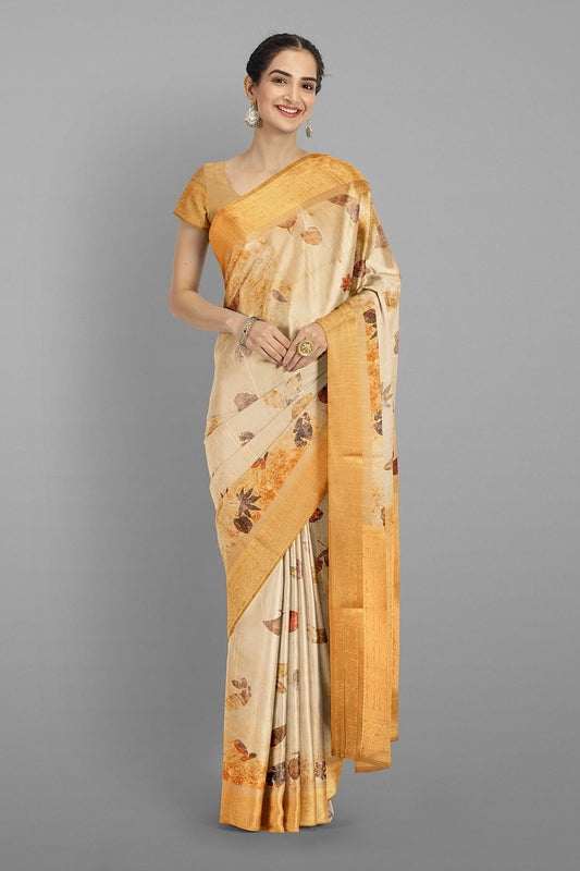 CREAM and MUSTARD LEAF PRINT SILK Saree with BANARASI FANCY