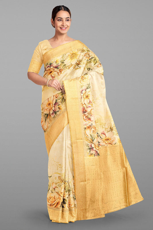 CREAM and MUSTARD DIGITAL PRINT SILK Saree with BANARASI FANCY