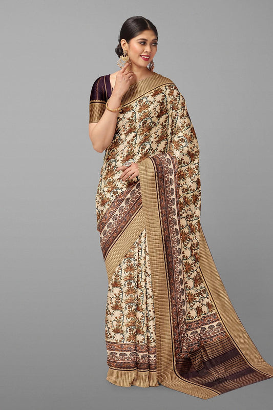 CREAM and GOLD FLORAL JAAL VISCOSE SILK Saree with FANCY