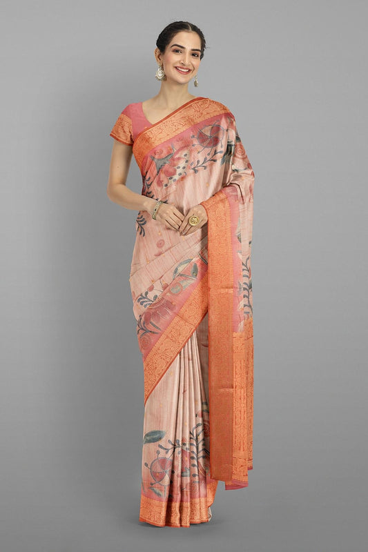 BRICK and DARK GREEN FLORALS SILK Saree with FANCY