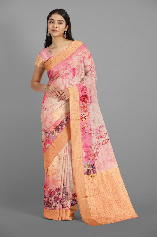 CREAM and DUSTY PINK DIGITAL PRINT SILK Saree with FANCY