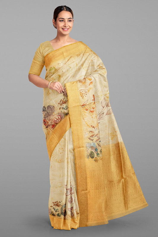 CREAM and KHAKI DIGITAL PRINT SILK Saree with FANCY