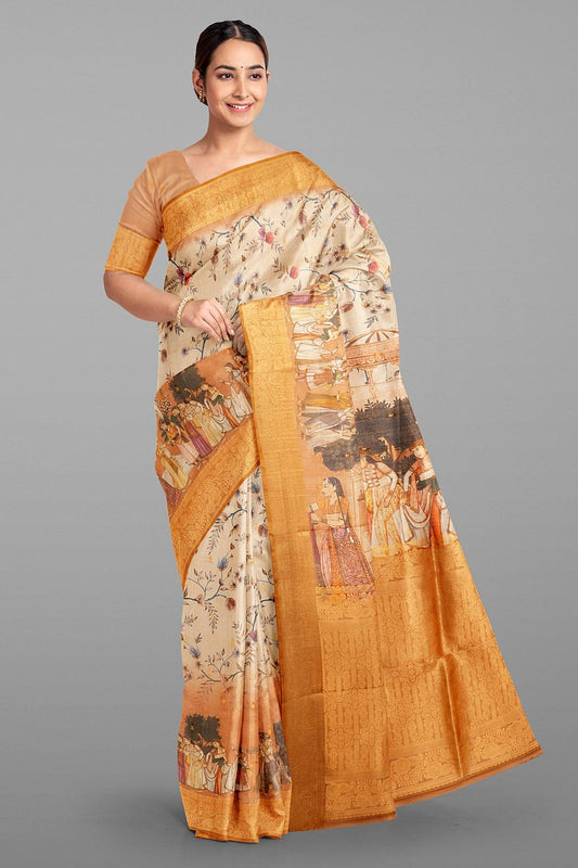 DARK CREAM and BROWN FLORALS SILK Saree with FANCY