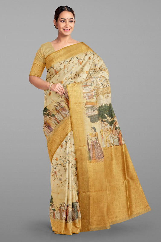 DARK CREAM and KHAKI FLORALS SILK Saree with FANCY