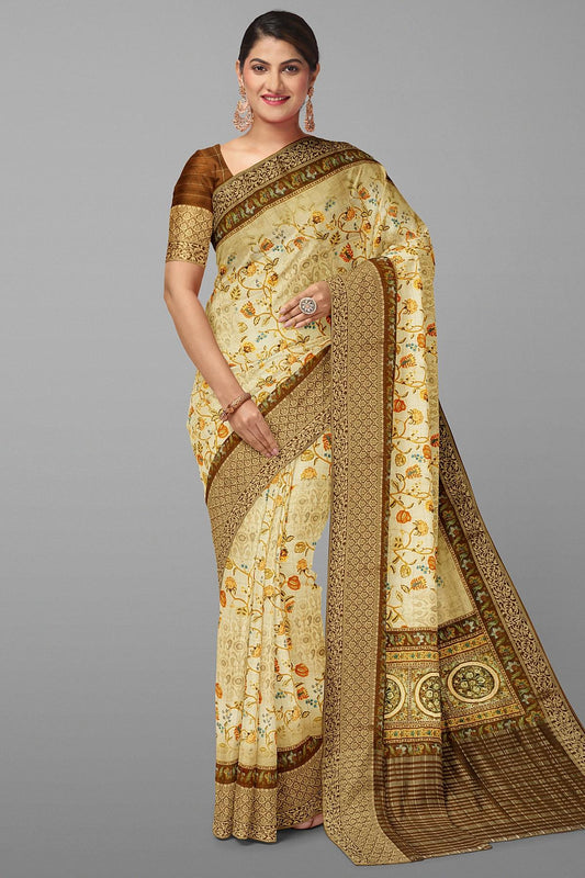 CREAM and DARK BROWN CHECKS & FLORALS DOLA SILK Saree with FANCY