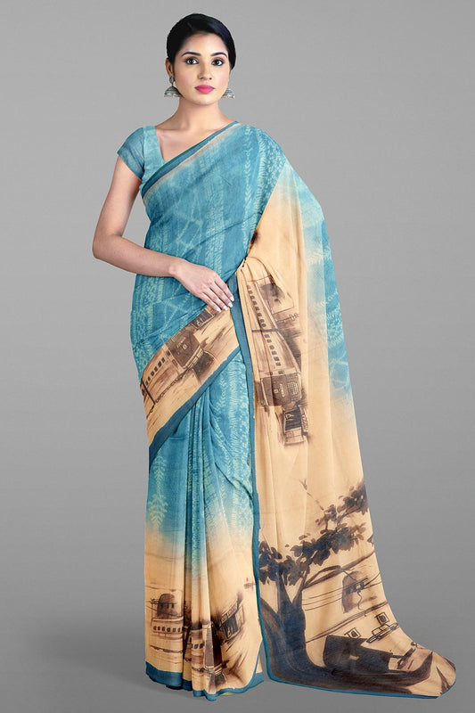 DARK BLUE and CREAM DIGITAL PRINT SILK Saree with FANCY