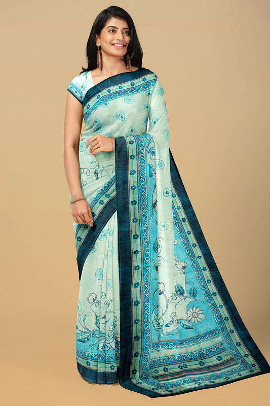 CREAM and DARK BLUE FLORALS SILK Saree with FANCY