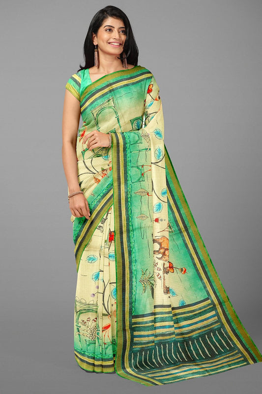 CREAM and GREEN DIGITAL PRINT KOTA Saree with FANCY