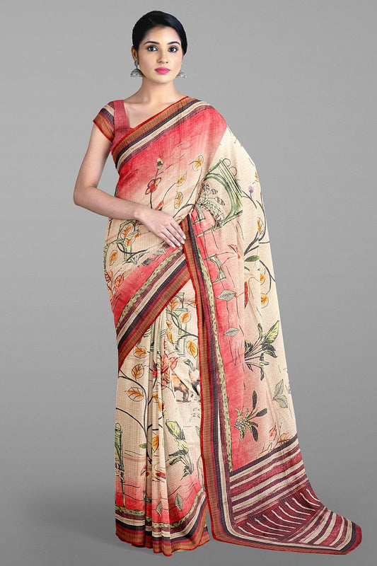 CREAM and RUST DIGITAL PRINT KOTA Saree with FANCY