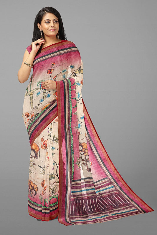 CREAM and MAGENTA DIGITAL PRINT KOTA Saree with FANCY