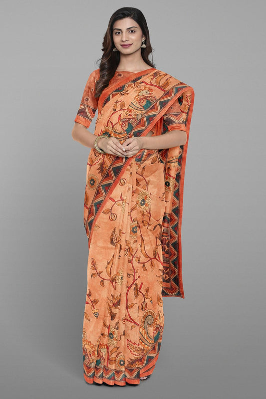 BRICK and MULTI KALAMKARI PRINT SILK Saree with FANCY