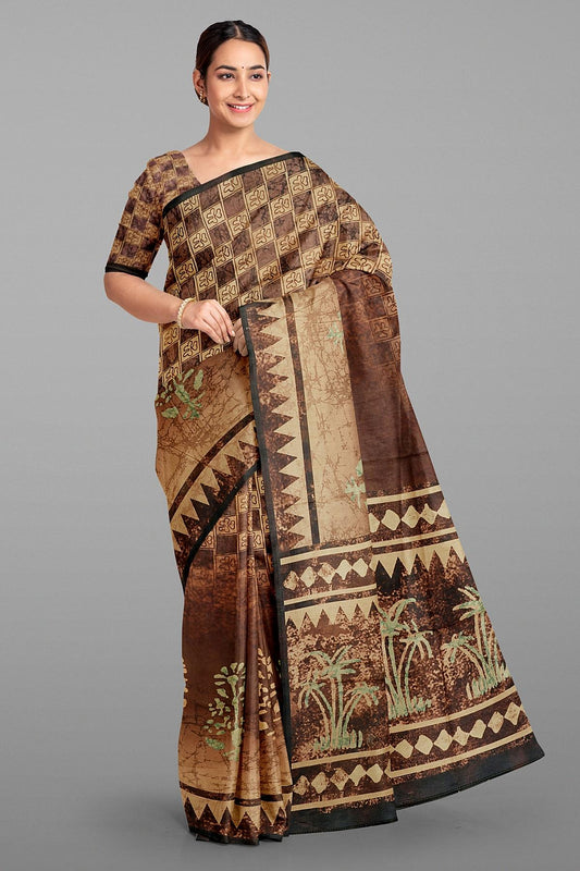 DARK BROWN and BLACK DIGITAL PRINT SILK Saree with FANCY