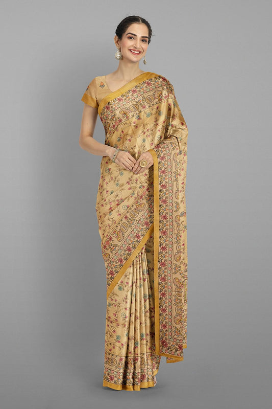 CREAM and MULTI KALAMKARI PRINT SILK Saree with FANCY