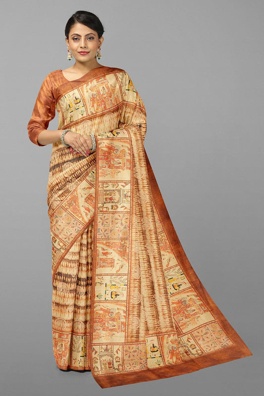 BROWN and MULTI DIGITAL PRINT SILK Saree with FANCY