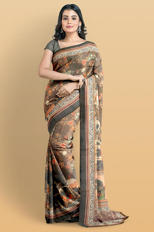 DARK BROWN and MULTI FLORAL JAAL SILK Saree with FANCY