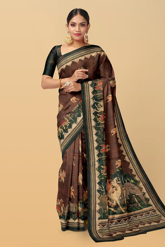 DARK BROWN and MULTI FIGURE PRINTS SILK Saree with FANCY