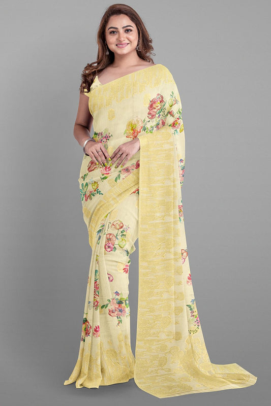 CREAM and GOLD FLORALS JUTE Saree with FANCY