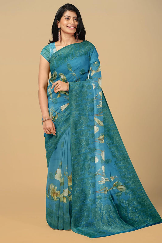 DARK BLUE and MULTI FLORALS JUTE Saree with FANCY