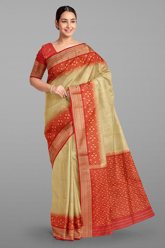 CREAM and MAROON CHECKS BHAGALPURI SILK Saree with FANCY