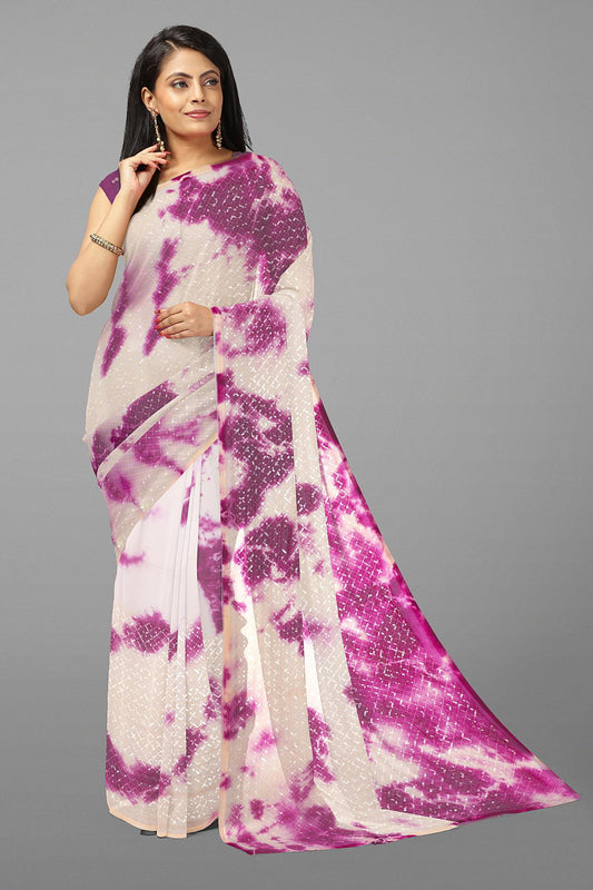 CREAM and DARK PURPLE SHIBORI PRINT GEORGETTE Saree with FANCY